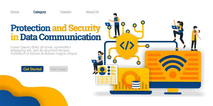 Protection and Security in Data communication. protect data sharing path for user security. Vector flat illustration concept, can use for, landing page, template, web, homepage, poster, banner, flyer