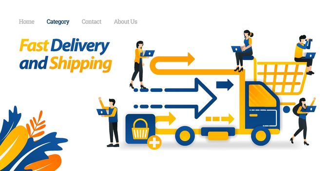 Fast Delivery and Shipping Services Provided from Online Stores or E-commerce. Vector Illustration, Flat Icon Style Suitable for Web Landing Page, Banner, Flyer, Sticker, Wallpaper, Card, Background