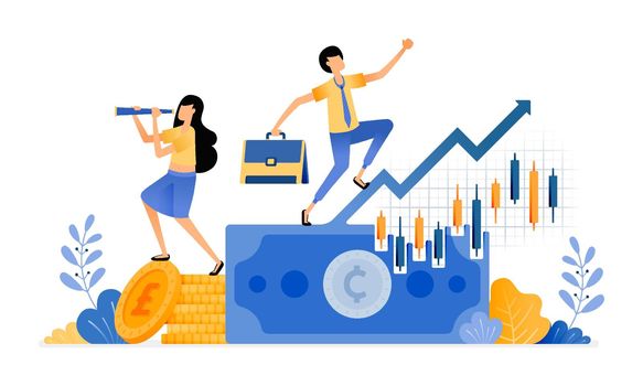 Vector Design of increase candle sticks investments in financial sector. secondary market trading. piles of coins. illustration Can be for websites, posters, banners, mobile apps, web, social media