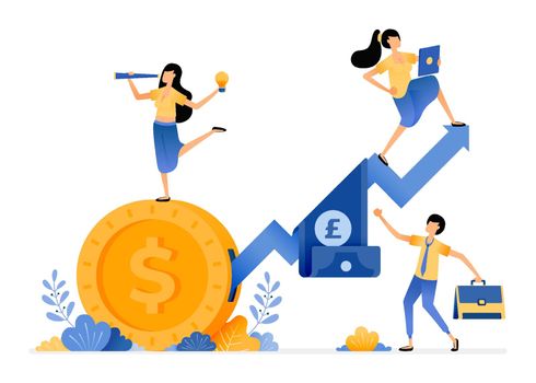 Vector Design of increase investment in financial sector and secondary market. arrows go up and carry banknotes. illustration Can be for websites, posters, banners, mobile apps, web, social media, ads