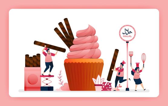 halal food menu illustration of sweet strawberry cupcake. Cook chocolate wafer snacks for muffin topping. Design can use For website, web, landing page, banner, mobile apps, UI UX, poster, flyer