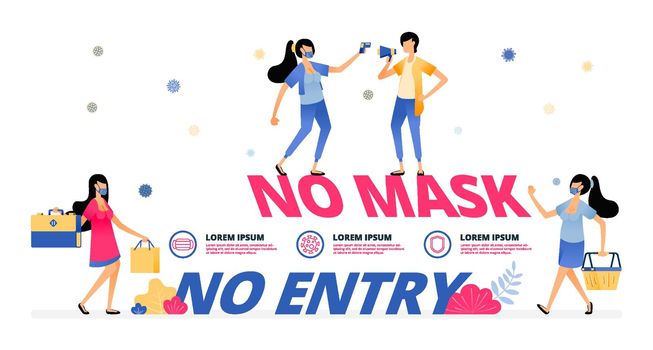 Vector illustration of mandatory warning sign to wear a mask to market and shopping center. Information of NO MASK NO ENTRY. Design can be for landing page, website, poster, mobile app, web, post