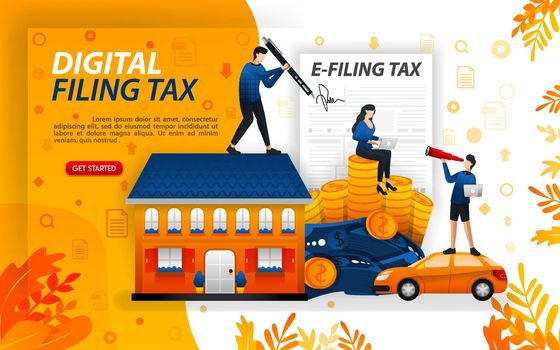 digital filing tax, filling in online taxes, people who report their wealth online, concept vector ilustration. can use for, landing page, template, ui, web, mobile app, poster, banner, flayer