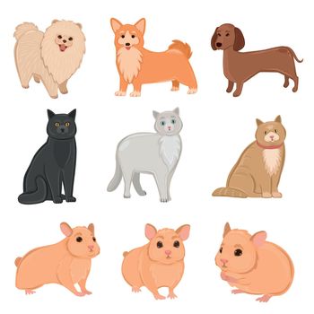 Breed of realistic pets cats, dogs and hamsters - Vector