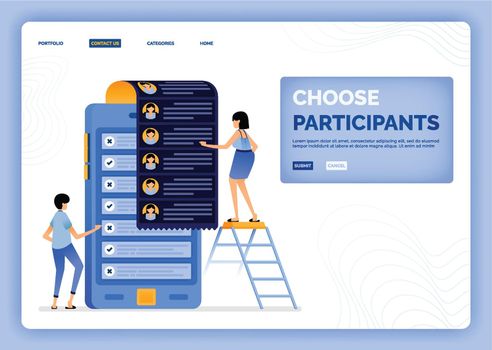 vector illustration of select and analyze job applicants to select participants and volunteers. Design can be used for landing page, web, website, mobile apps, poster, flyer, ui ux