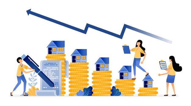 Vector Design of increase in housing market investment prices with good returns. mortgage purchase agreement sign. illustration Can be for websites, posters, banners, mobile apps, web, social media