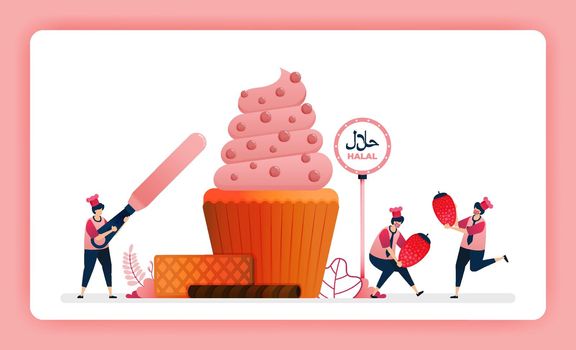 halal food menu illustration of sweet strawberry cupcake. Making muffins decorated with swirl icing and cocoa. Design can use For website, web, landing page, banner, mobile apps, UI UX, poster, flyer