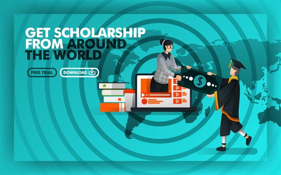 Vector illustration. Green website banner about get scholarship from around the world. Bachelor earn money from women coming out of  laptop against the background of world maps and rada. Flat style