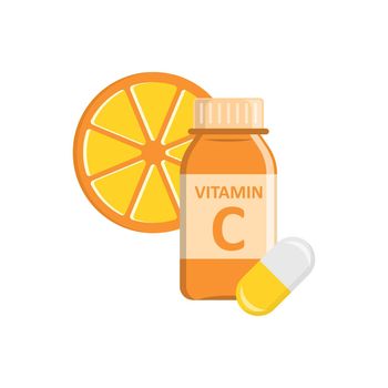Vitamin C icon in flat style. Bottle with pill vector illustration on white isolated background. Pharmacy sign business concept.
