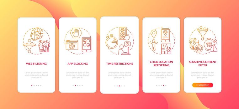 Parental supervision elements onboarding mobile app page screen with concepts