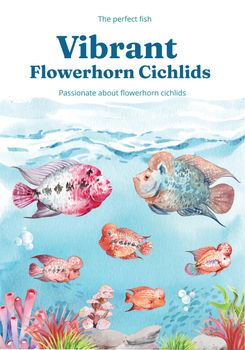 Poster template with flower horn cichlid fish concept,watercolor style