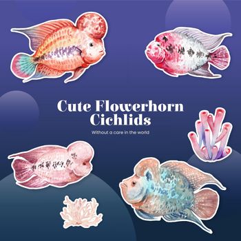 Sticker template with flower horn cichlid fish concept,watercolor style