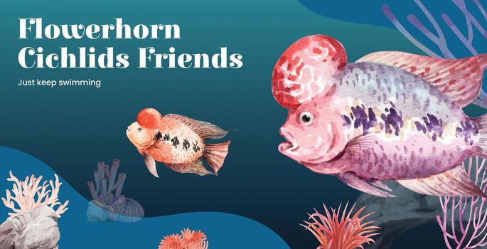 Billboard template with flower horn cichlid fish concept,watercolor style