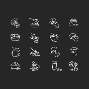 Superfoods variety chalk white icons set on black background