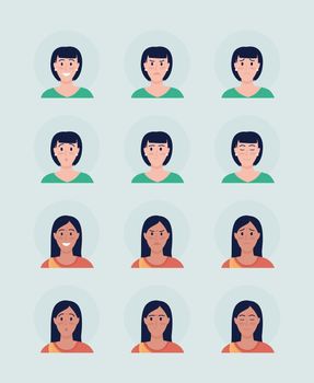 Different women face expressions semi flat color vector character avatar set