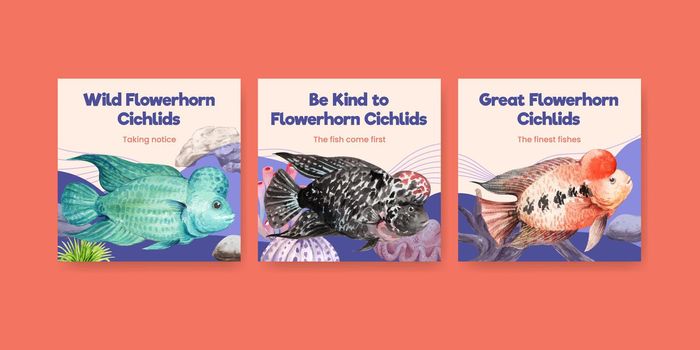 Banner template with flower horn cichlid fish concept,watercolor style