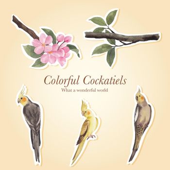 Sticker template with cockatiel bird concept,watercolor style