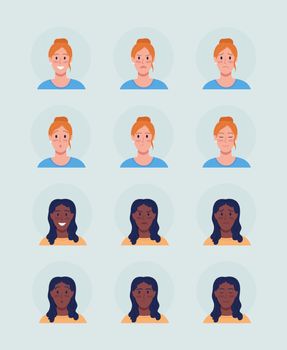 Different female face expressions semi flat color vector character avatar set