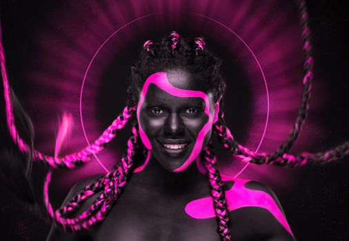 Abstract art with woman with face art. Neon colors. Pink and black body paint. Young girl with bodypaint. An amazing model with makeup.