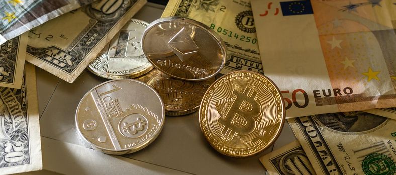 Bitcoin BTC Cryptocurrency Coins. Stock Market Concept.