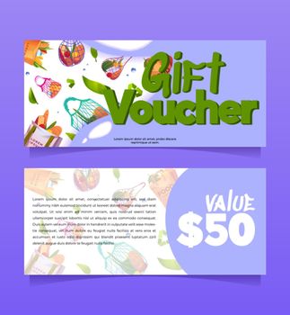 Gift voucher, certificate with grocery in eco bags