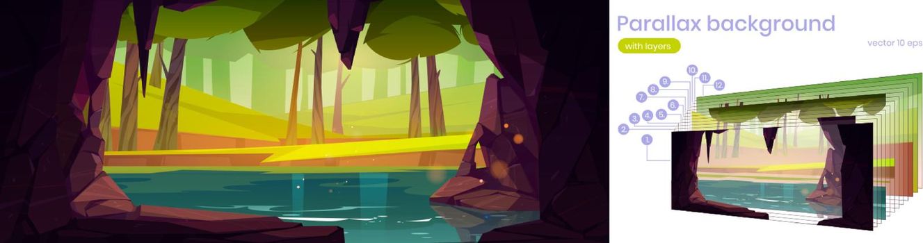 Parallax background with cave, lake and forest