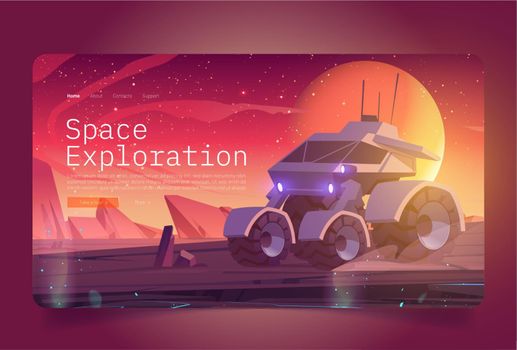 Space exploration banner with rover on planet