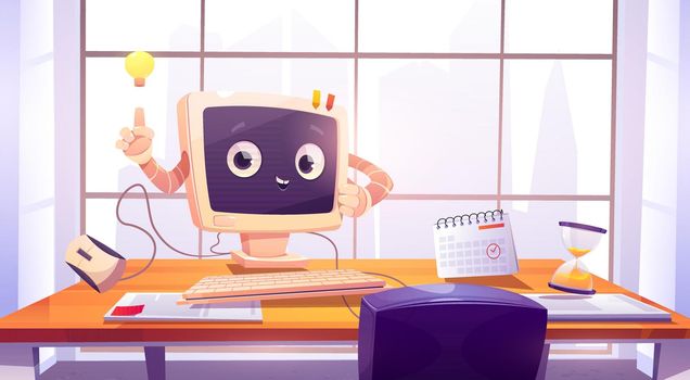 Computer character at office desk, cute pc desktop
