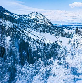 Winter wonderland and magical Christmas landscape. Snowy mountains and forest covered with snow as holiday background