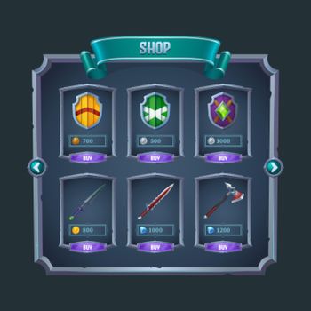 Rpg game shop menu panel with medieval weapon.