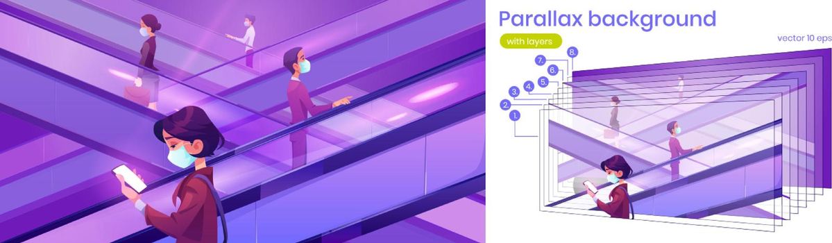 Parallax 2d background people in mask on escalator
