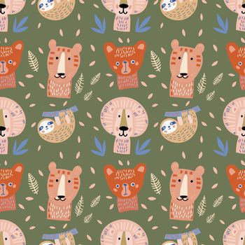 Seamless tropical pattern for kids with cute animals. Colorful vector design for print and web.