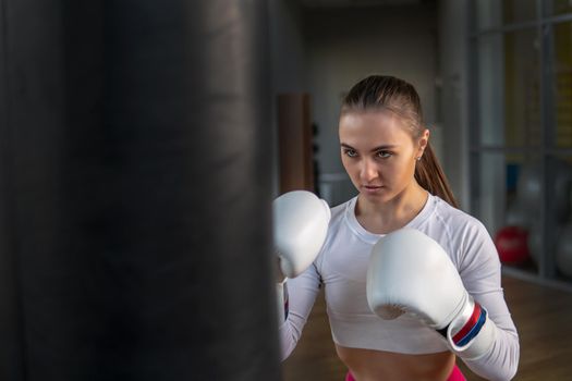 Woman boxing fitness girl technology, young health exercise smile weights, sportive reak. Club gadget, headphones ponytail happy pretty
