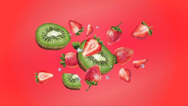Kiwi and strawberries are flying on a red background.
