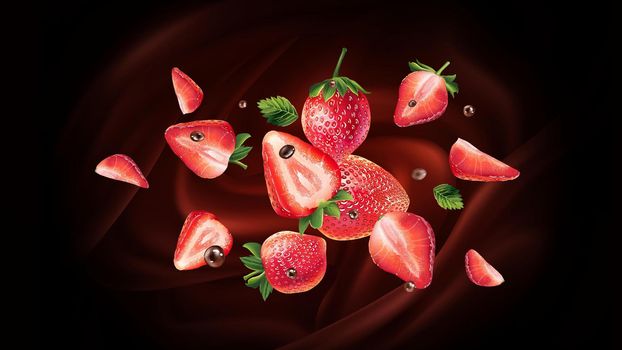 Flying fresh strawberries on a chocolate background.
