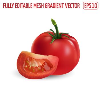 Whole red tomato with a slice on a white background.