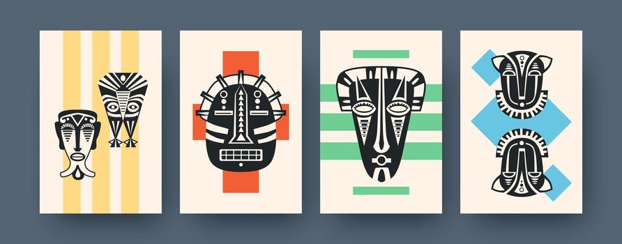 Set of contemporary art posters with ritual masks