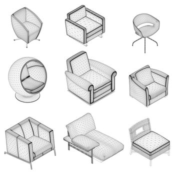 Set of armchairs and chairs wireframes from black lines isolated on white background. Isometric view. 3D. Vector illustration