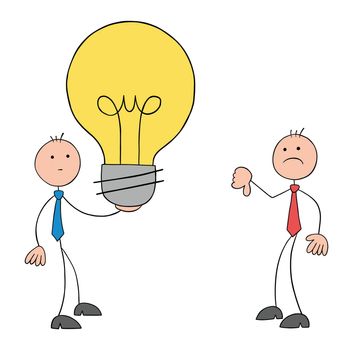 Stickman businessman offers his opinion and the other man likes it, give thumbs down, hand drawn outline cartoon vector illustration