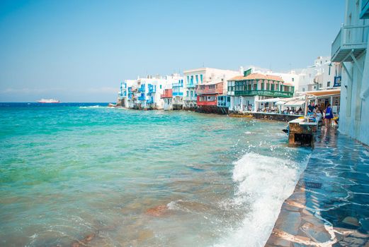 Amazing view of Little Venice the most popular attraction in Mykonos Island Greece