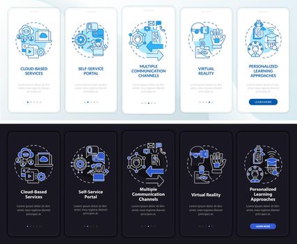Digital education onboarding mobile app page screen. Technology walkthrough 5 steps graphic instructions with concepts. UI, UX, GUI vector template with linear night and day mode illustrations