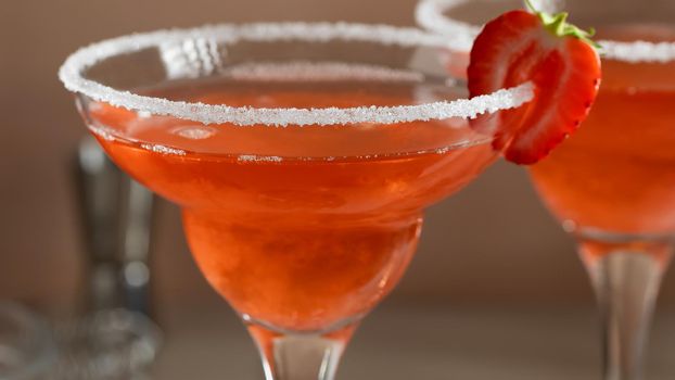 Fresh homemade refreshing strawberry cocktails margarita, close-up