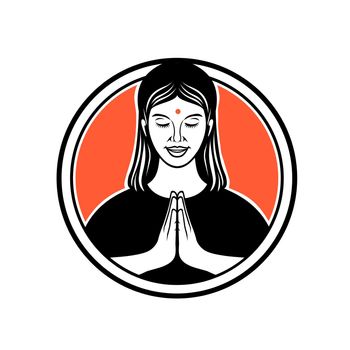Retro style illustration of an Indian girl or woman in namaste, namaskar or namaskaram, a Hindu customary, non-contact form of respectfully greeting and honoring set in circle on isolated background.