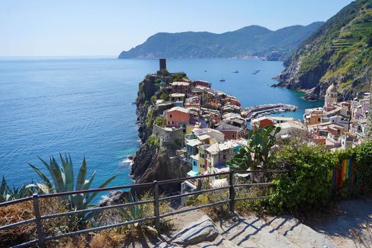Vernazza village from viewpoint  in the Cinque Terre National Park on Italian Riviera, Liguria, Italy