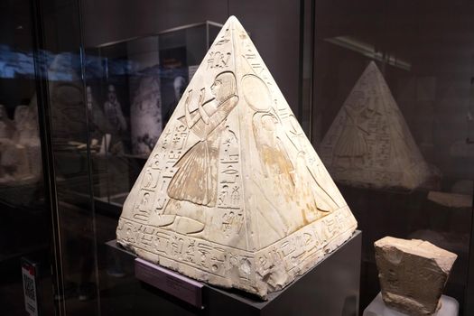 TURIN, ITALY - AUGUST 19, 2021: Pyramidion of Ramose, Egyptian Museum of Turin, Italy