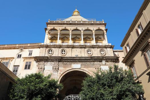Detail of Porta Nuova a monumental city gate of Palermo, Sicily, Italy