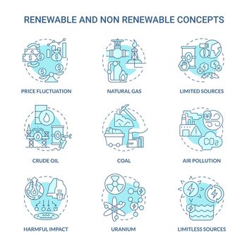 Renewable and non renewable energy turquoise blue icons set