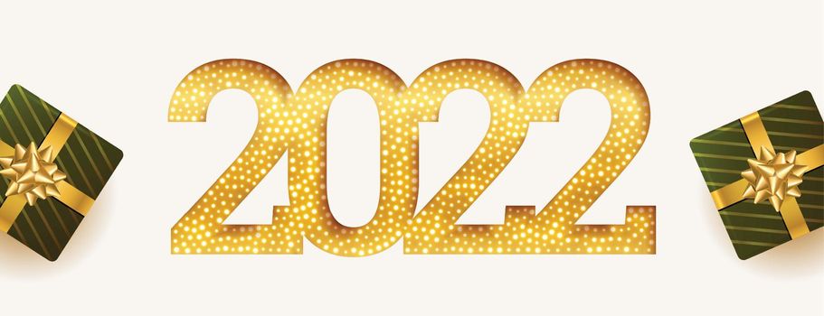 2022 glittering golden number text effect with realistic gift boxes