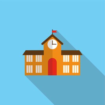 School Building Flat Icon with Long Shadow, Vector Illustration