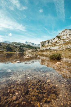 Picturesque summer landscape of highland Beautiful landscape with mountains. Viewpoint panorama in Lagos de Covadonga, Picos de Europa National Park, Asturias, Spain